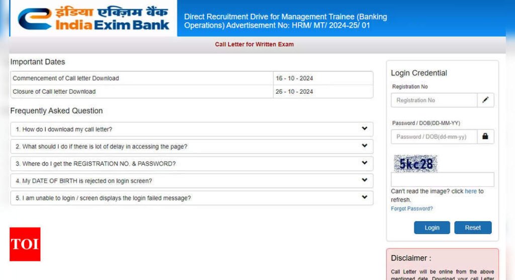 EXIM Bank MT Recruitment 2024: Admit cards out for October 26 exam, download here