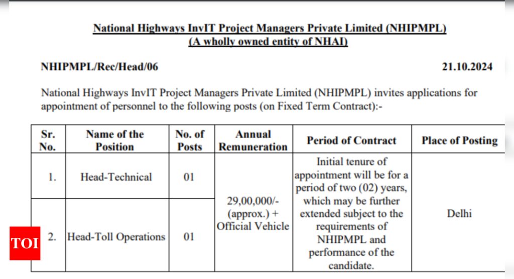 NHAI recruitment 2024: Apply for various posts till November 5, salary up to Rs 29 lakh