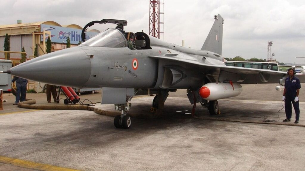 LAC ( Light Combat Aircraft ) from Hindustan Aeronautics Ltd. A prototype vehicle of Tejas, the light combat aircraft being taxied on the runway before flight tests.