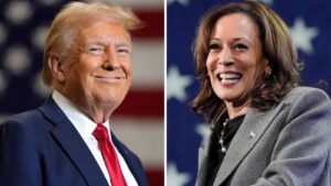 US election: Republican presidential nominee former President Donald Trump, left, speaking at a campaign event Sept. 25, 2024, in Mint Hill, N.C., and Democratic presidential nominee Vice President Kamala Harris, right, speaking a campaign event Oct. 19, 2024, in Atlanta.