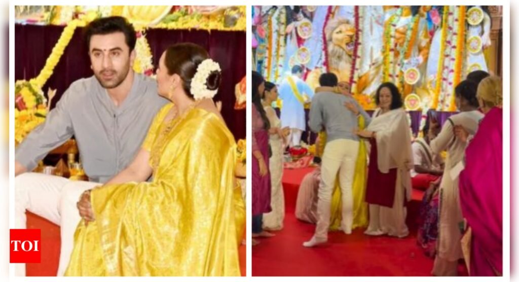 Ranbir Kapoor greets Rani Mukerji with a warm hug; Jaya Bachchan and Kajol twin in yellow sarees at Durga Puja pandal in Mumbai - WATCH video |