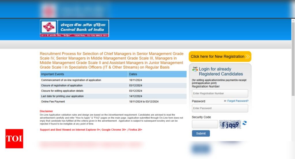 Central Bank of India Manager recruitment registration underway: Check direct link to apply and other important details