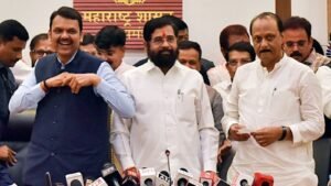 Maharashtra Election Results 2024: Maharashtra Chief Minister Eknath Shinde, Deputy CMs Ajit Pawar and Devendra Fadnavis during a press conference as the Mahayuti is set to form the government in the state, at Varsha Bungalow in Mumbai on Saturday.