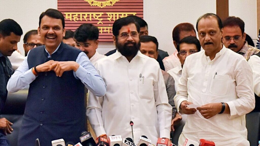 Maharashtra care-taker Chief Minister Eknath Shinde, Ajit Pawar and Devendra Fadnavis during a press conference as the Mahayuti is set to form the government in the state, at Varsha Bungalow in Mumbai on Saturday.