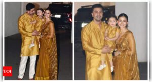 Baby Raha proves she is camera-friendly as she strikes cute poses for paparazzi with Ranbir Kapoor and Alia Bhatt on Diwali in matching golden outfits |