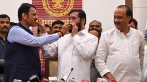 Assembly Election Result: Maharashtra Chief Minister Eknath Shinde, Deputy Chief Minister Devendra Fadnavis, and Ajit Pawar celebrated their victory in the Maharashtra Assembly elections. Mumbai, India. Nov 23, 2024.