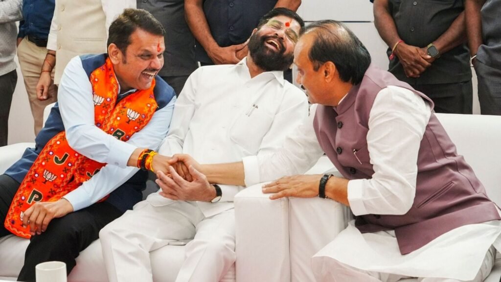 from L to R: Devendra Fadnavis, Eknath Shinde and Ajit Pawar.