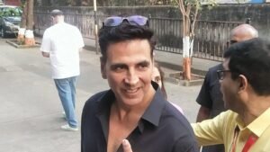 Mumbai: Actor Akshay Kumar shows his finger marked with indelible ink after casting vote at a polling station during the Maharashtra Assembly elections, in Mumbai, Wednesday, Nov. 20, 2024