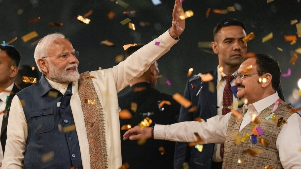 New Delhi: Prime Minister Narendra Modi with Union Minister and BJP National President JP Nadda during celebration of the party's victory in the Maharashtra Assembly elections.